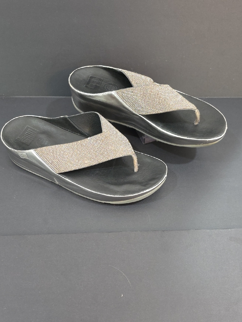 FitFlop Black Wedge Sandals Women's with Silver Crystal Straps Size 9